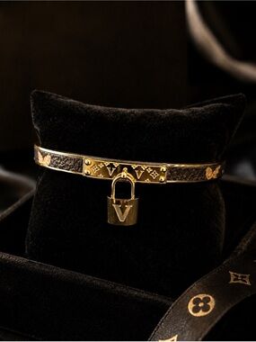 Gold and Brown Padlock Bangle Bracelet With LV Monogram Accents